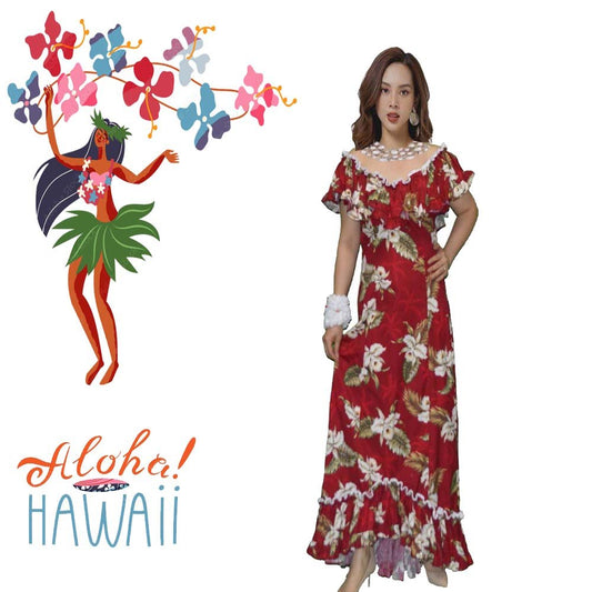 Best -Seller Classic Orchids Long Cotton Hawaiian Muumuu Dancing Dress Made in Hawaii