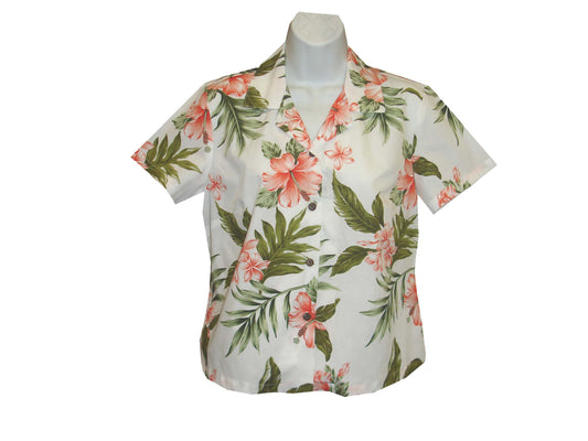 Cotton Fit Women's Aloha Blouse Coral Hibiscus