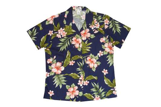 Women Cotton Hawaiian Shirt Coral Hibiscus