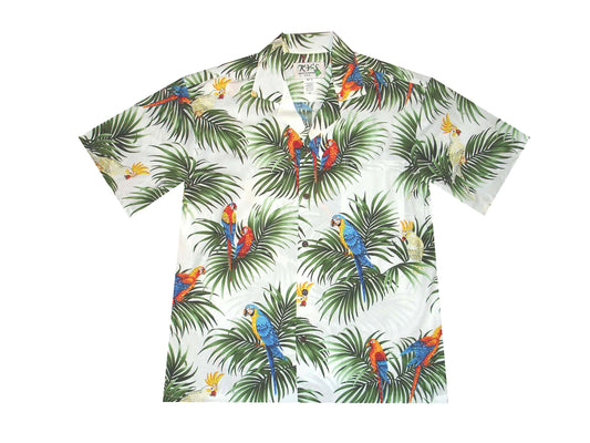 Cotton Hawaiian Shirt Parrot Palm Leaf -White