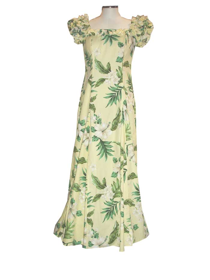 Off-shoulder Ruffle Long Muumuu Dress Coral Hibiscus Design for Beach Wedding Outfits
