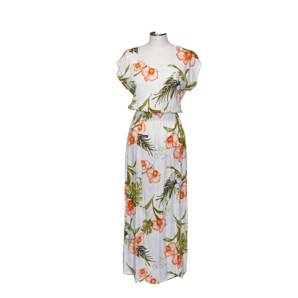 Best-Seller Long Maxi Hawaiian Dress Akupu Orchids Short Sleeves Full Length