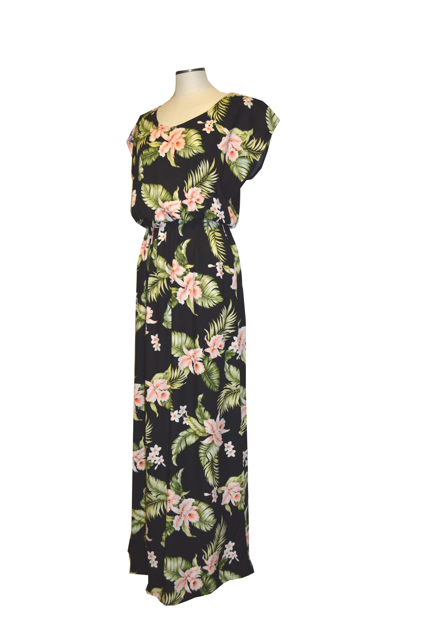 Palolo Orchids Long Maxi Hawaiian Dress  Short Sleeves Full Length