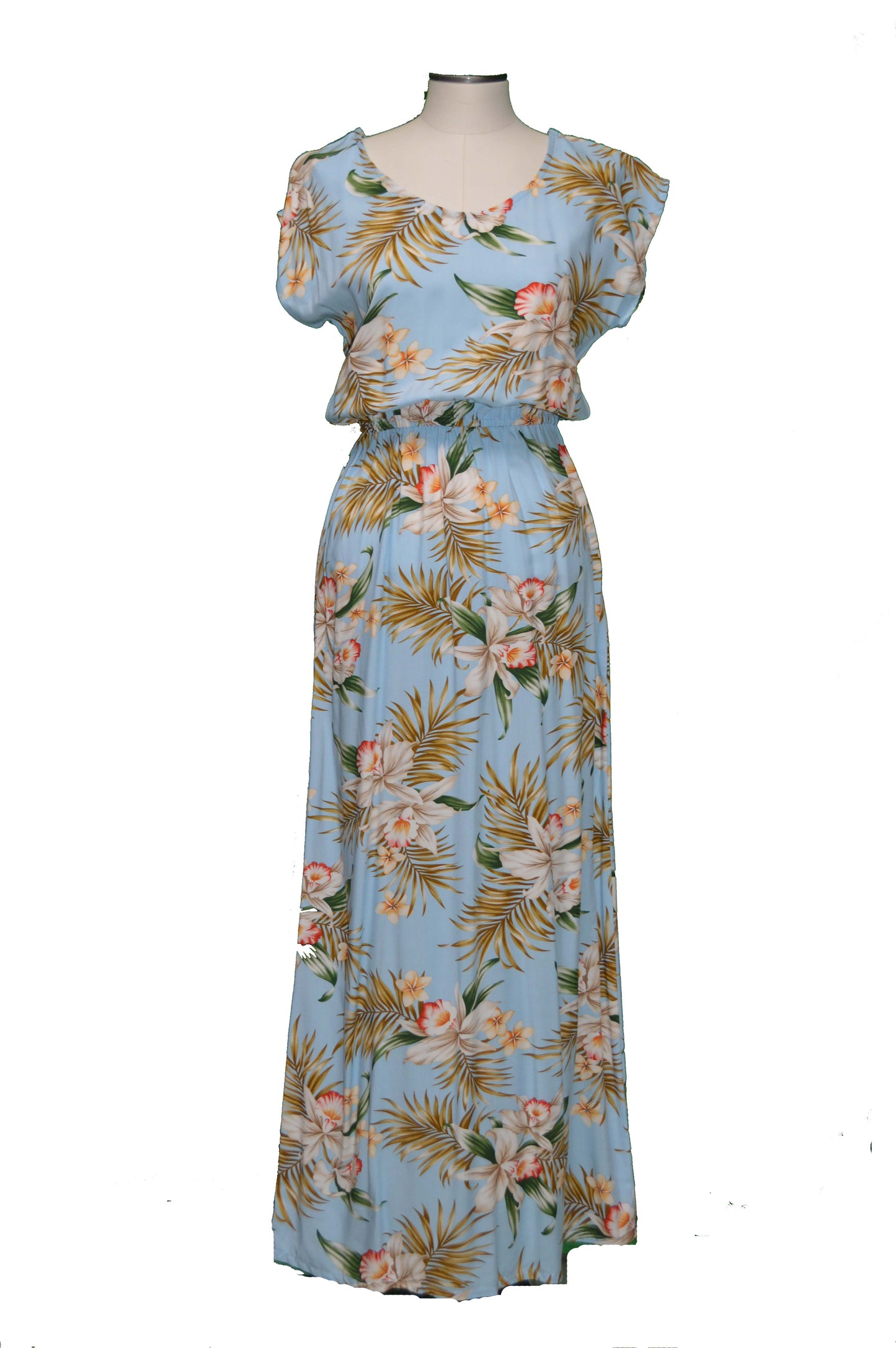 Best-seller Long Maxi Hawaiian Dress Short Sleeves Orchids Bouquet