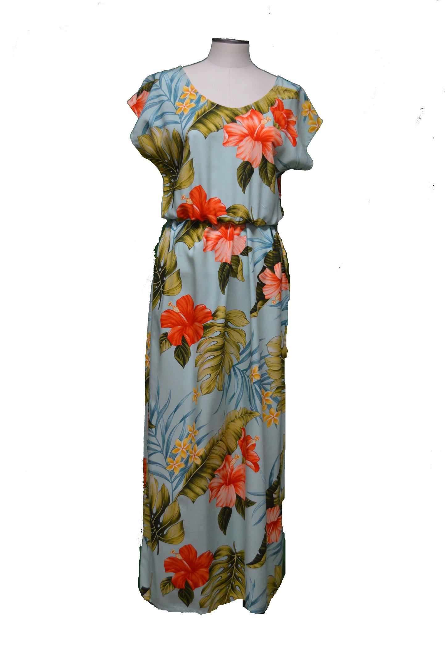 Plus-Size Long Maxi Hawaiian Dress Short Sleeves  Makakilo Hibiscus