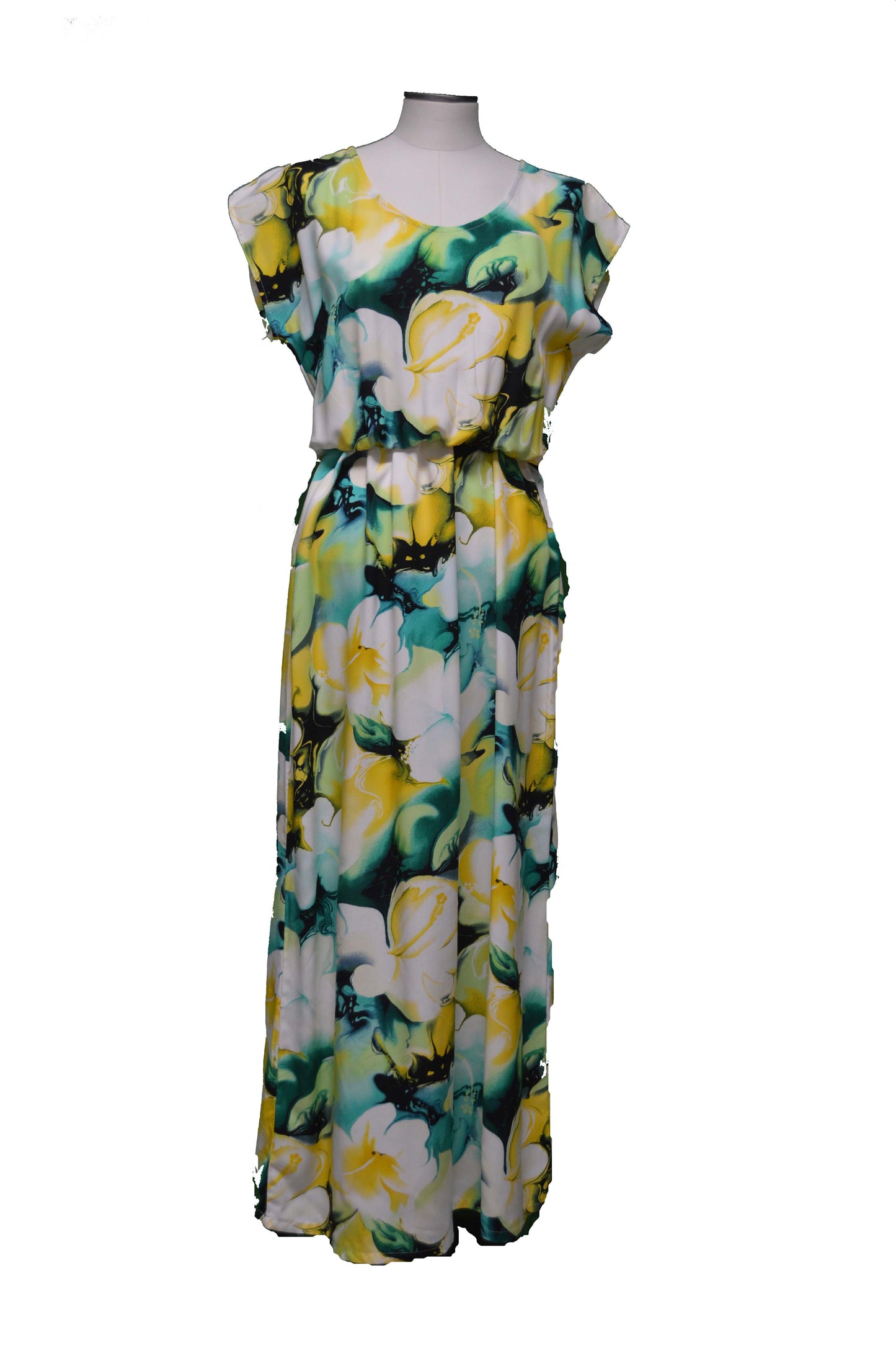 Long Maxi Hawaiian Dress Short Sleeves Watercolor Hibiscus 3D Like