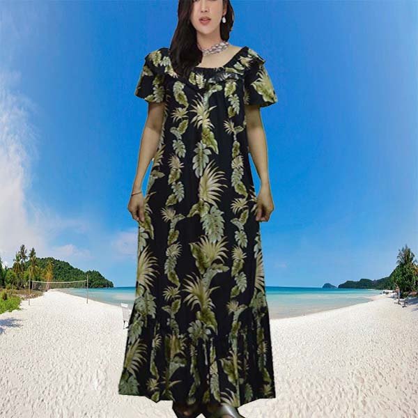Palm Leaf Long Cotton Hawaiian Muumuu Dress Made in Hawaii