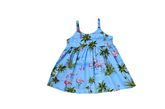 Sunny Bungee dress for Little Girl Flamingo under Palm Tree Soft Cotton Made in Hawaii