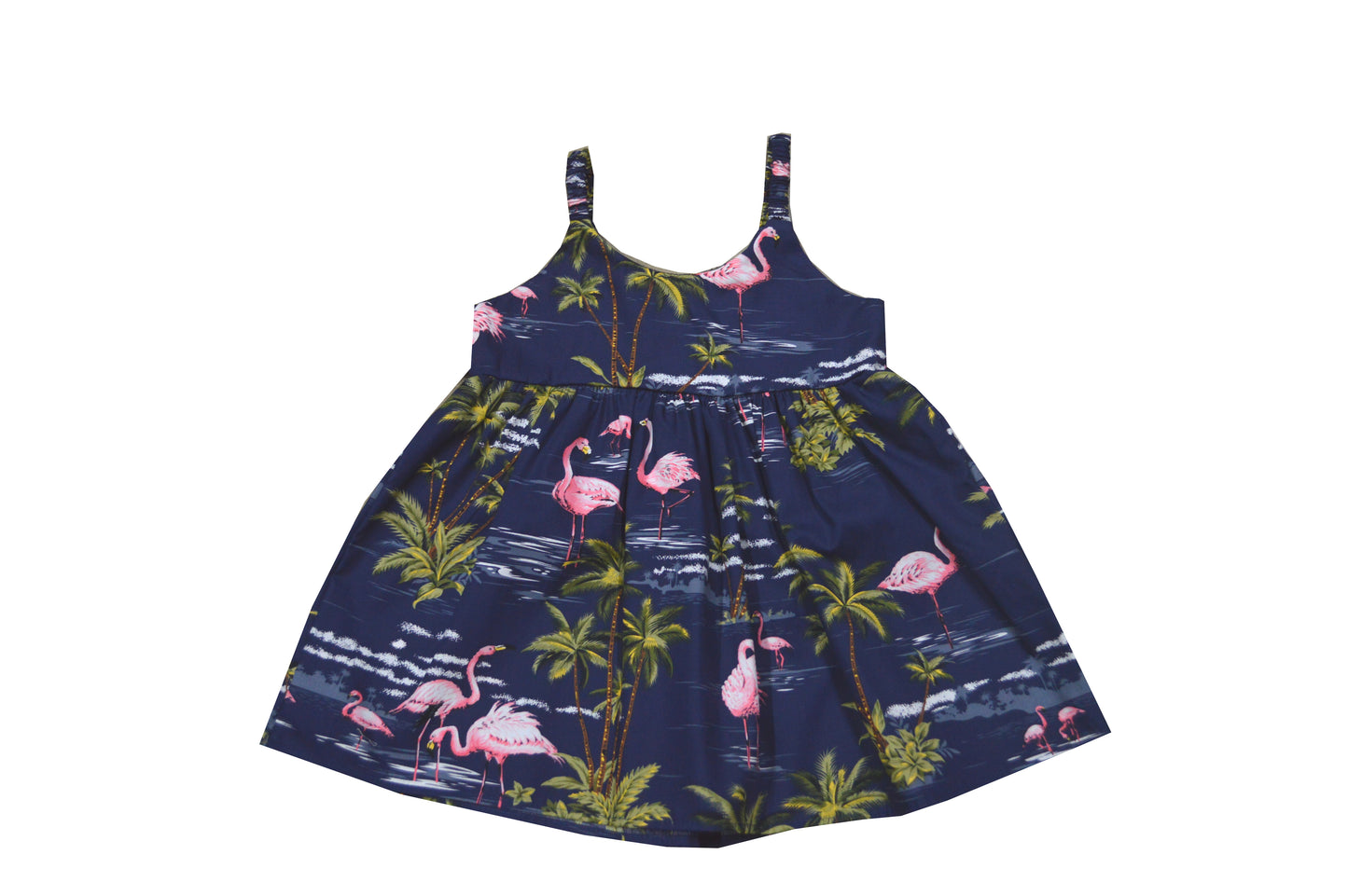 Sunny Bungee dress for Little Girl Flamingo under Palm Tree Soft Cotton Made in Hawaii