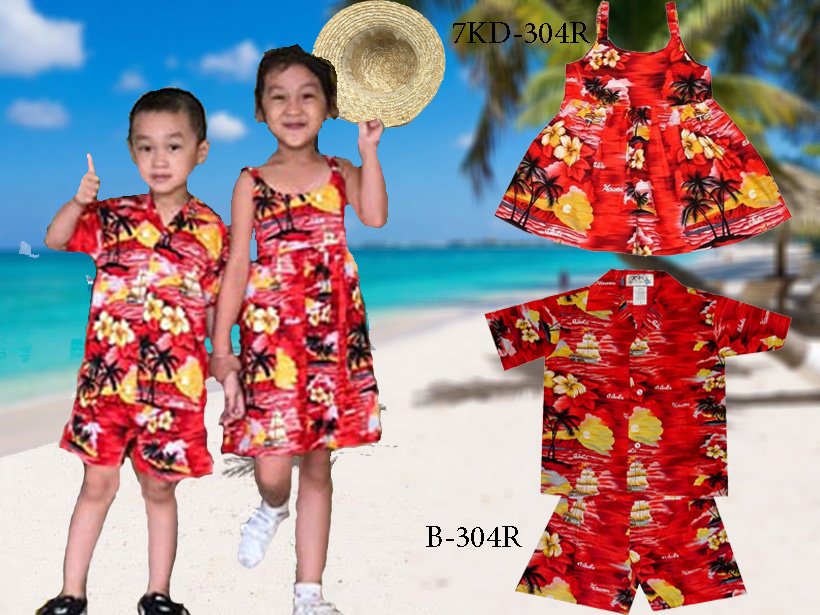 Matching Boy's Sets and Girl Dress Sunset in Ocean with Aloha and Hawaii Printed on.