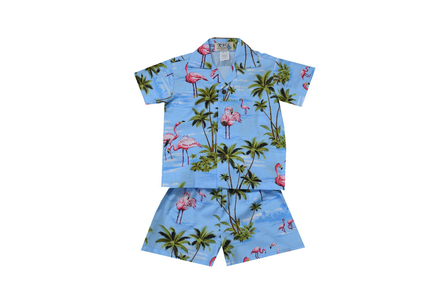 Cotton Hawaiian Flamingo under Palm Tree Boy Shirts and Little Boy Cabana Sets