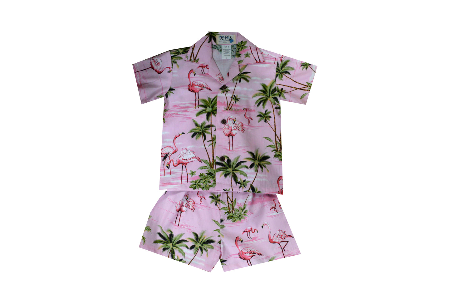 Cotton Hawaiian Flamingo under Palm Tree Boy Shirts and Little Boy Cabana Sets
