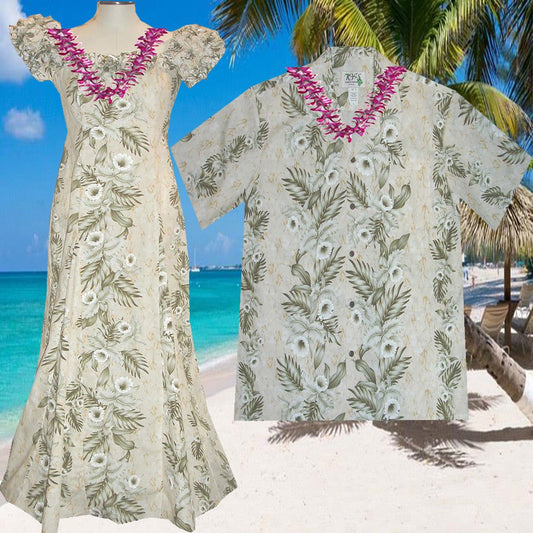 Wedding Long Muumuu Hawaiian Pern Orchid Panel Dress Matching Men's Shirt