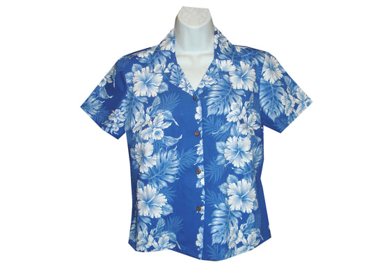 Cotton Fit Women's Aloha Blouse Hibiscus Leaf Panel