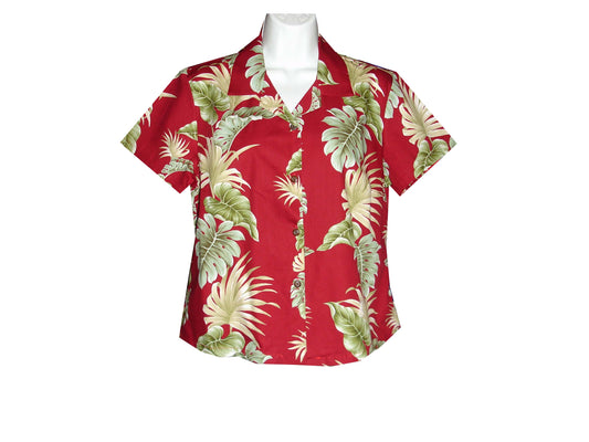 Cotton Fit Women's Aloha Blouse Hawaii Leaf Panel