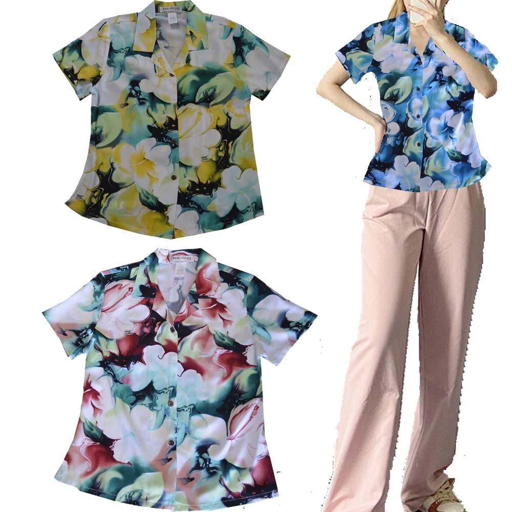 Rayon Women Aloha Shirt Aqua Floral Patterns