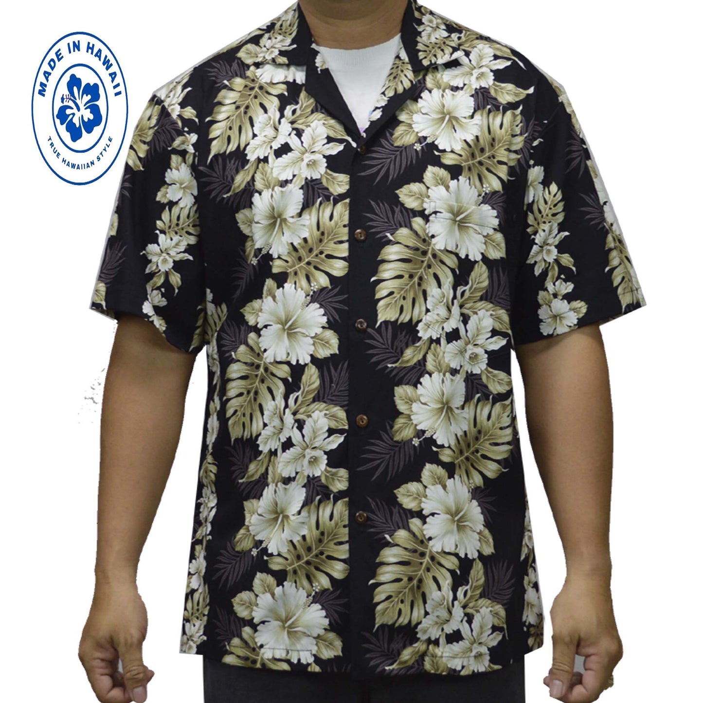 Cotton Hawaiian Shirt Hibiscus Classic-Black