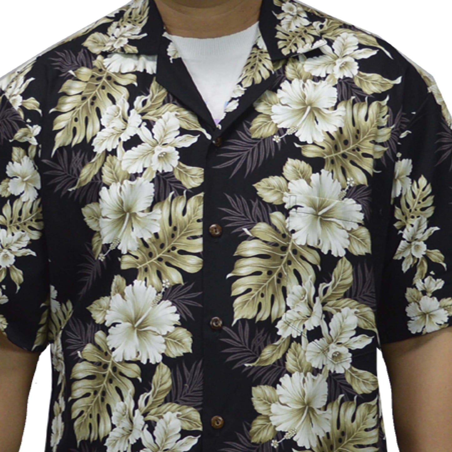 Cotton Hawaiian Shirt Hibiscus Classic-Black
