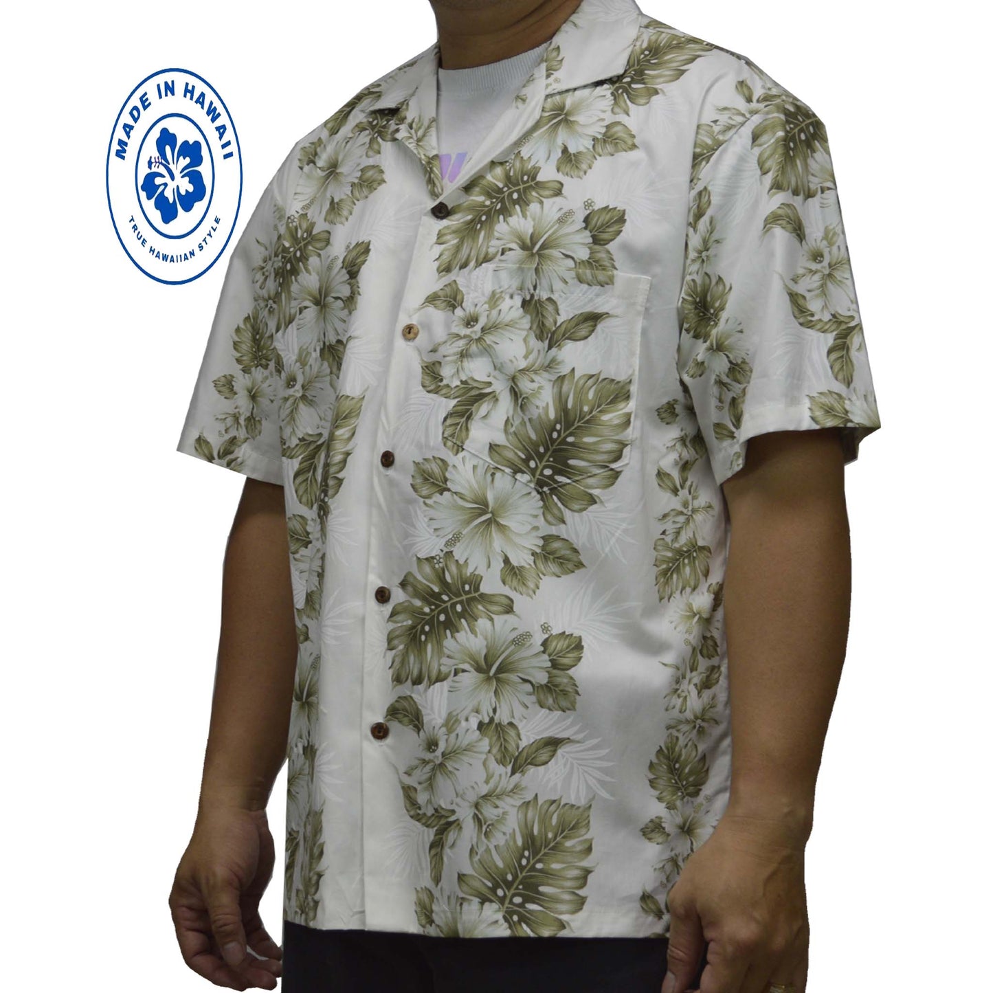 Cotton Hawaiian Shirt Hibiscus Classic-White