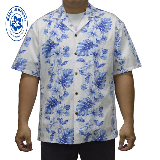Cotton Hawaiian Shirt Hibiscus Classic-White Navy