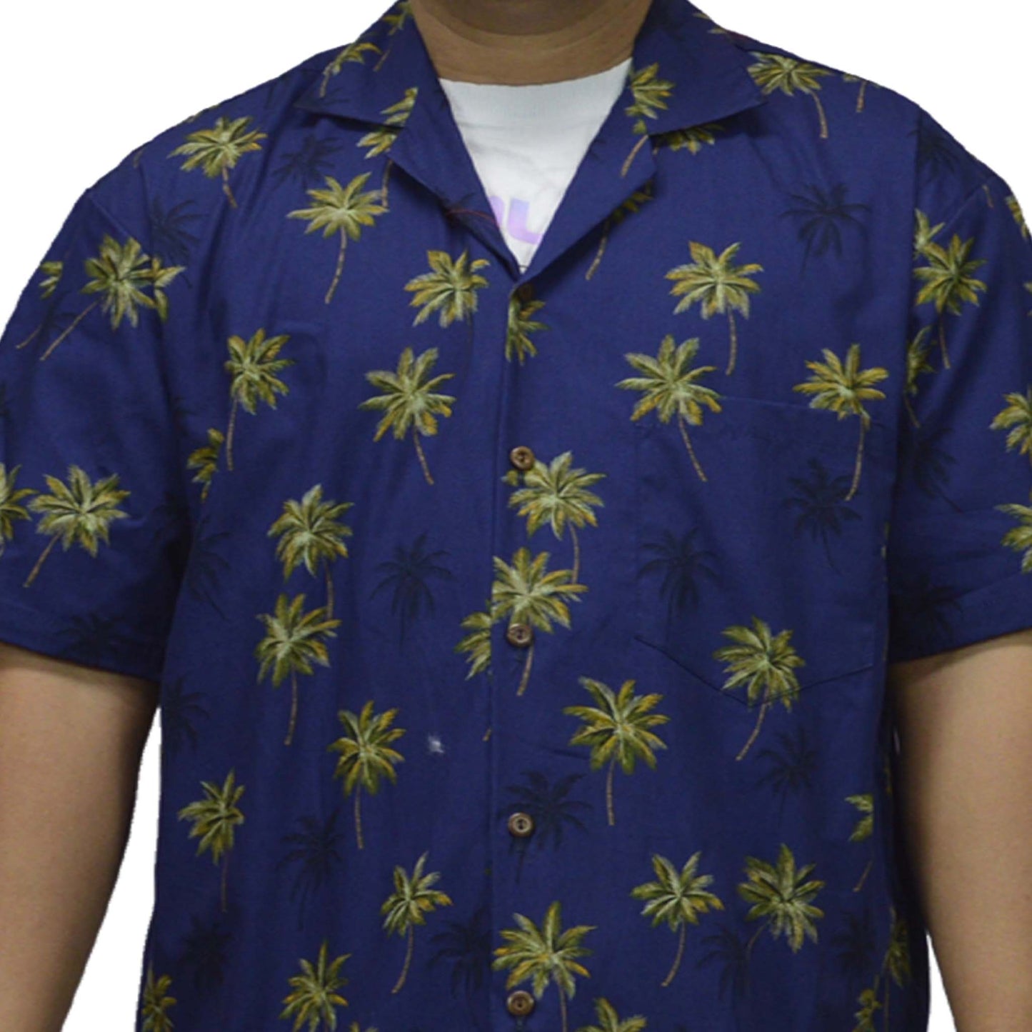 Cotton Hawaiian Shirt Coconut Trees-Navy