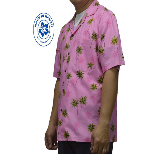Cotton Hawaiian Shirt Coconut Trees-Pink