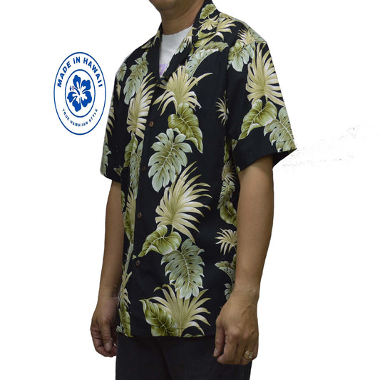 Cotton Hawaiian Shirt Hawaii Leaf -Black