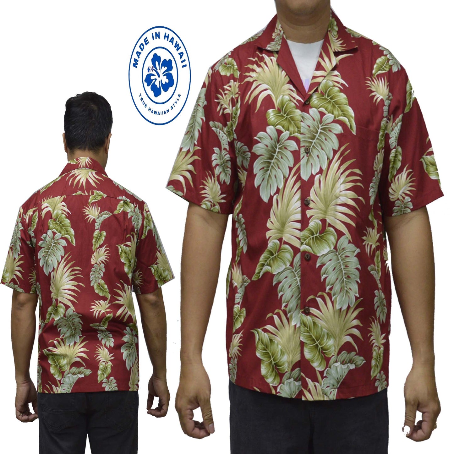 Cotton Hawaiian Shirt Hawaii Leaf -Red
