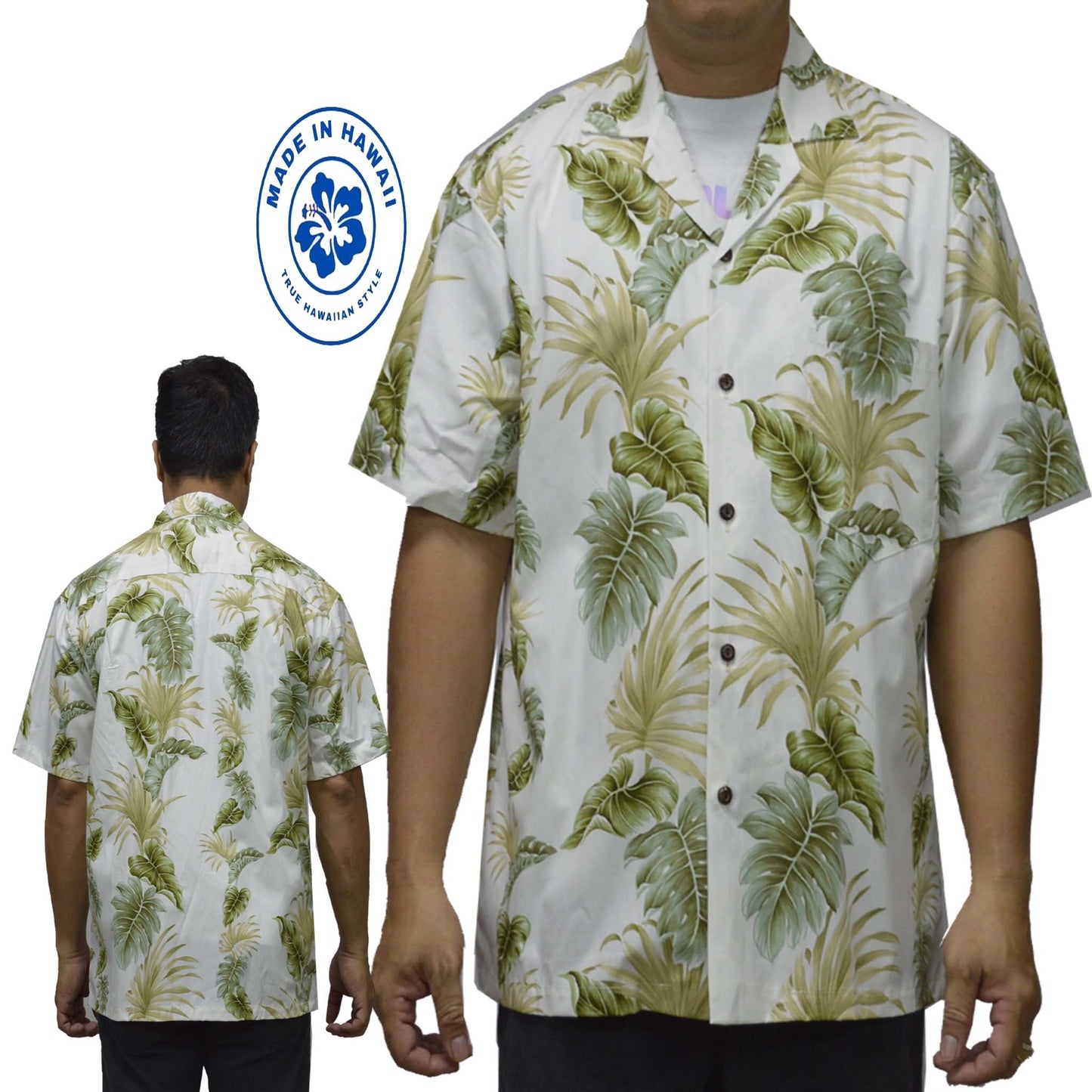Cotton Hawaiian Shirt Hawaii Leaf -White