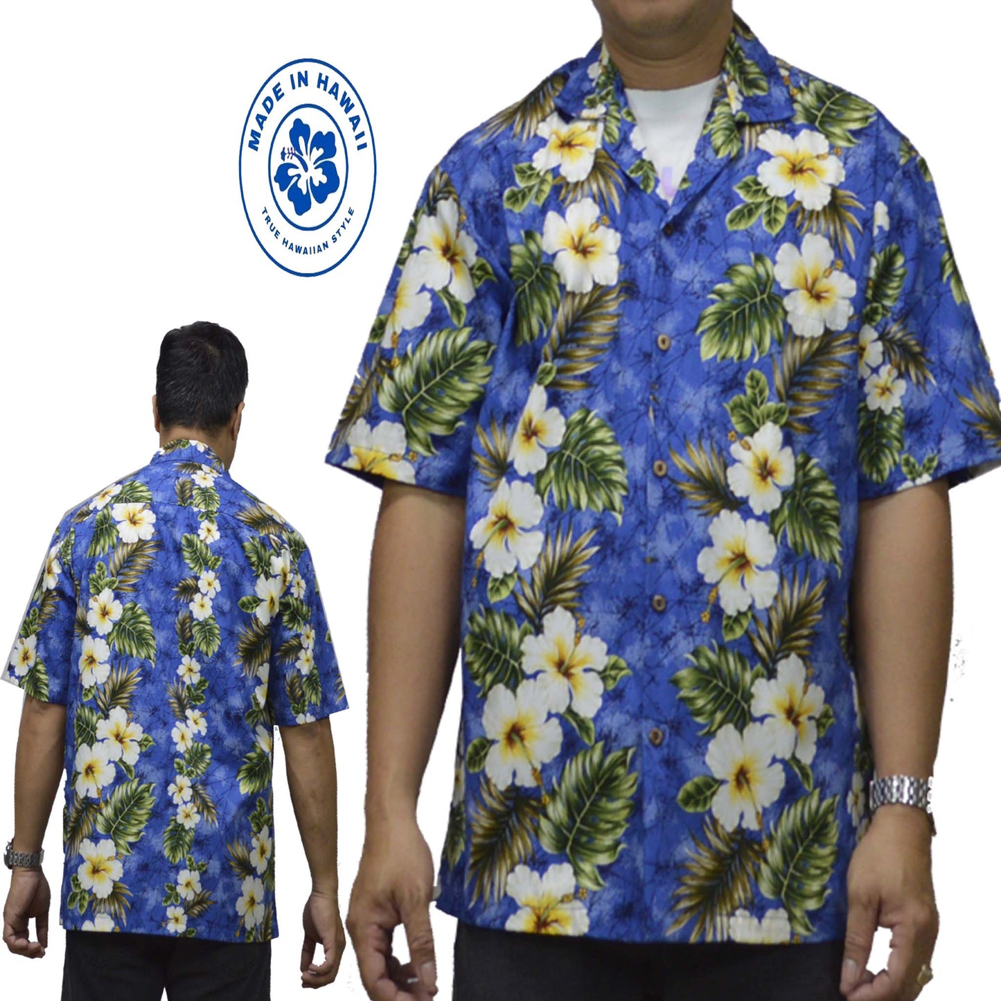 Cotton Hawaiian Shirt Yellow Hibiscus -Blue
