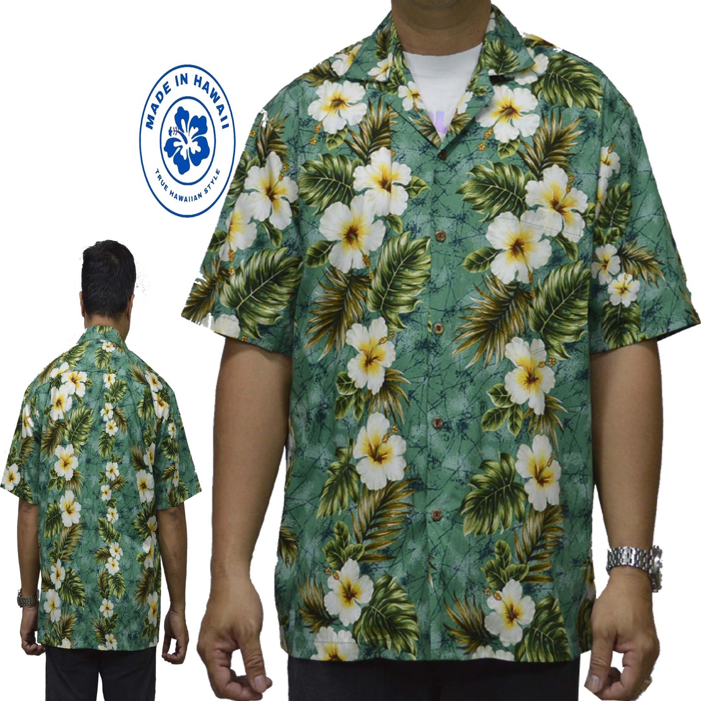 Cotton Hawaiian Shirt Yellow Hibiscus -Green