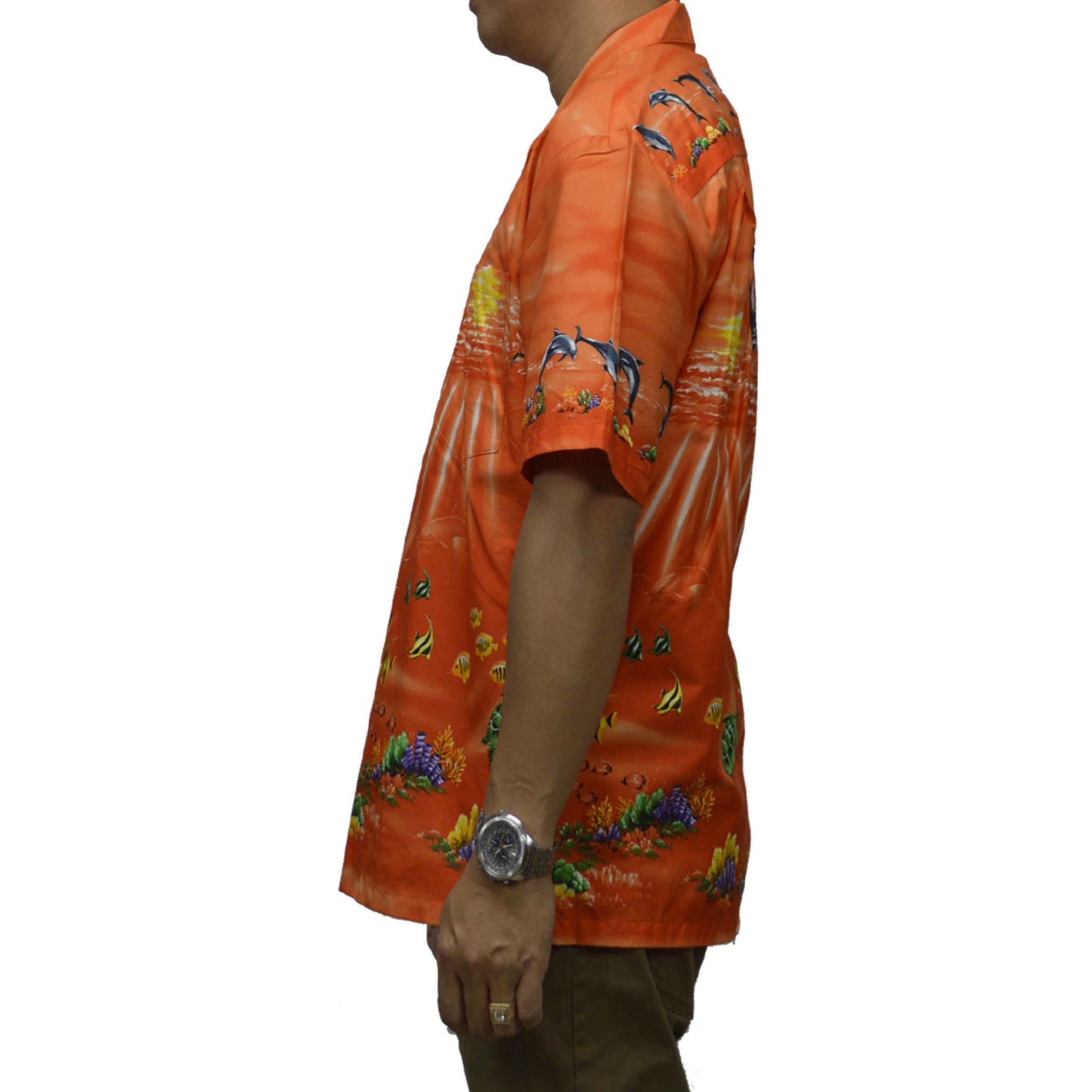 Ky's Hawaiian Cotton Shirt Sunrise Dolphins -Orange