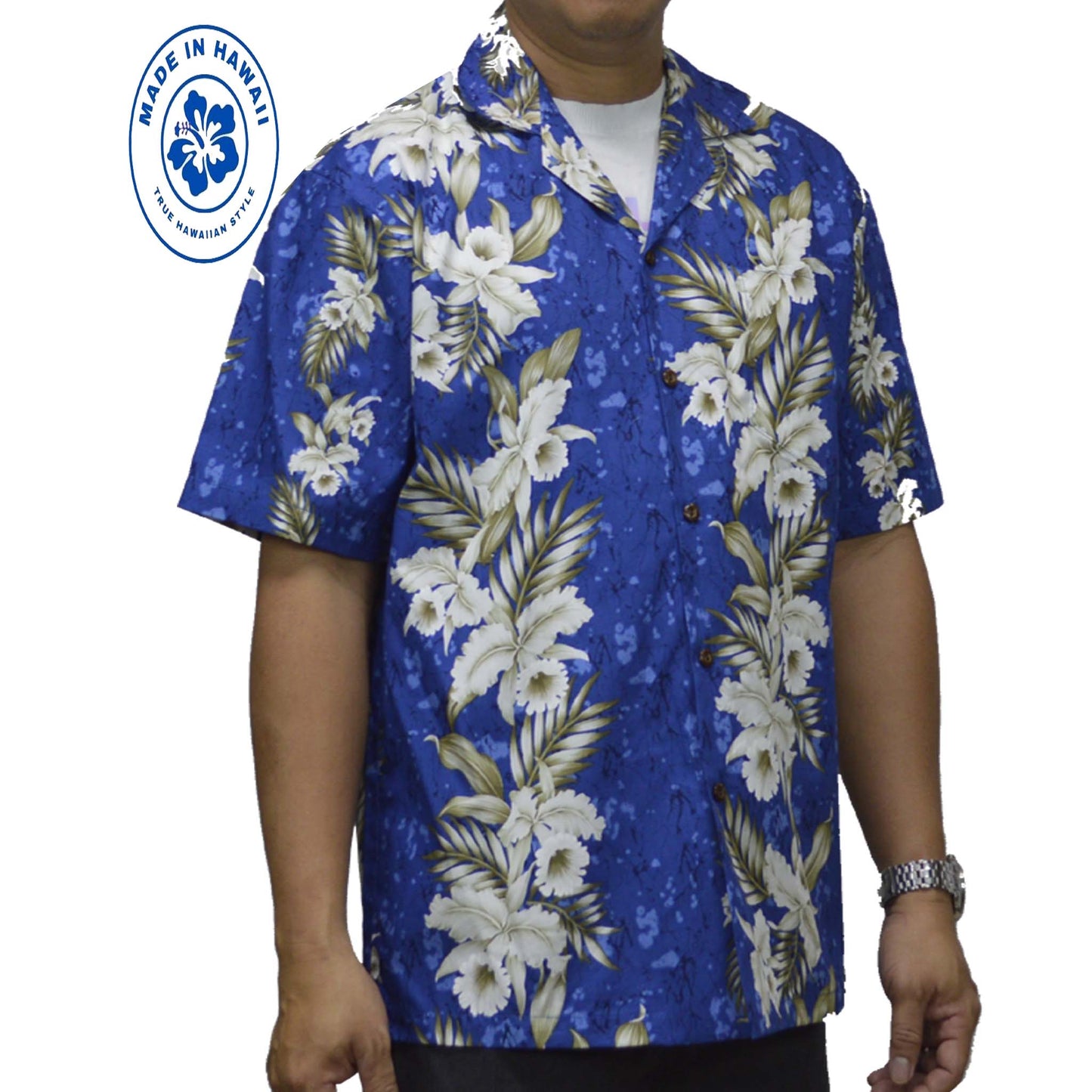 Cotton Hawaiian Shirt Bamboo Orchid -Navy