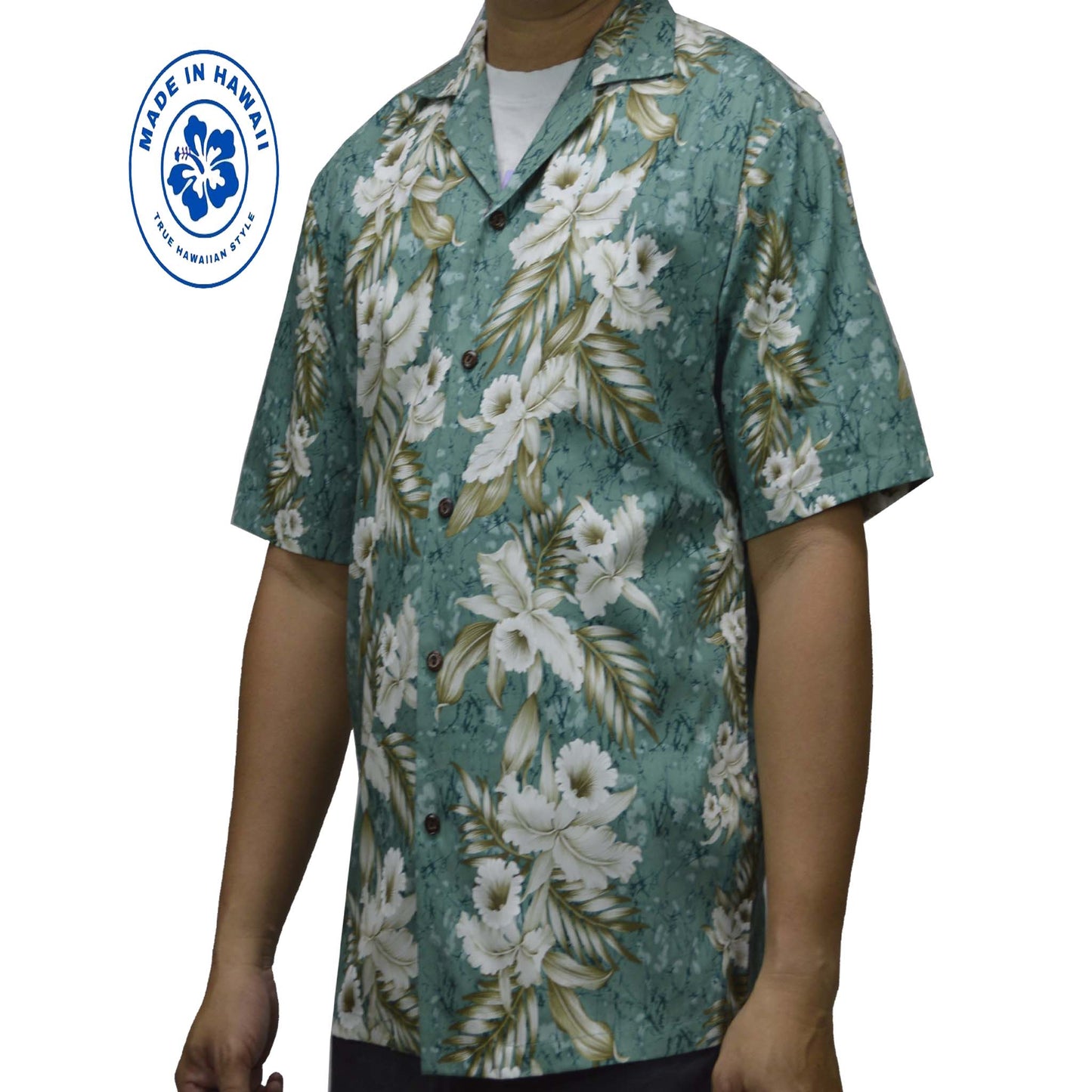 Cotton Hawaiian Shirt Bamboo Orchid -Green