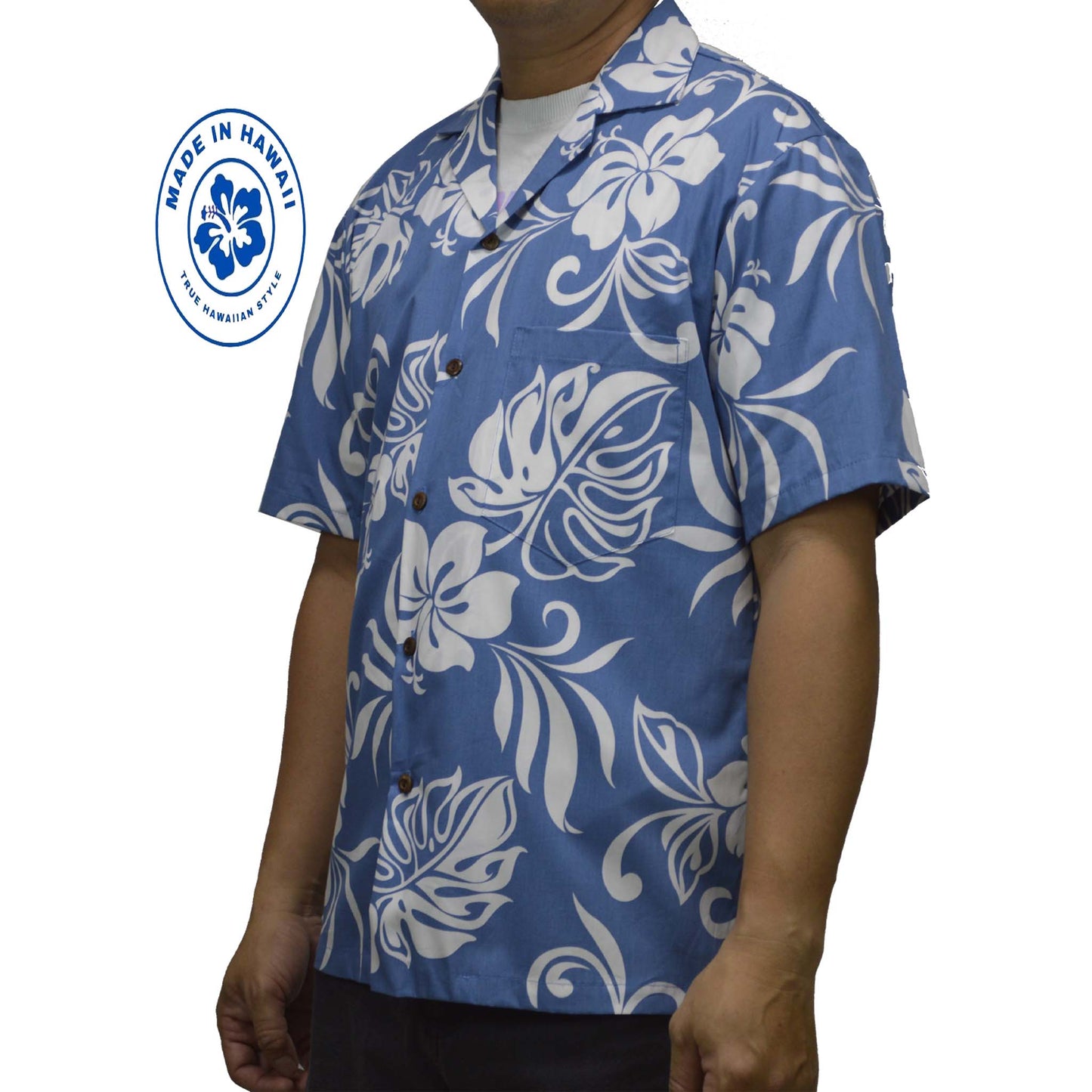 Ky`s Hawaiian Cotton Shirt Classic Hibiscus -Blue