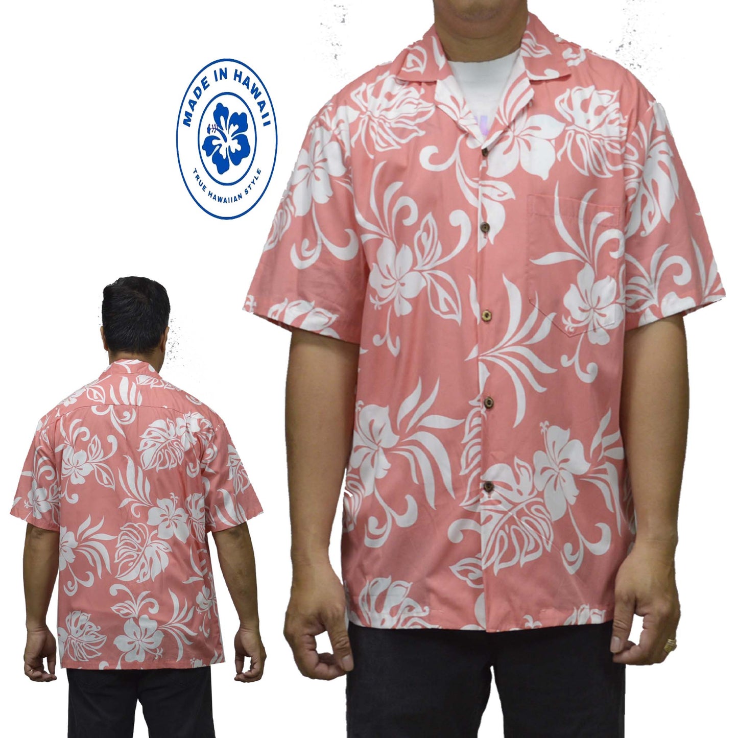 Ky`s Hawaiian Cotton Shirt Classic Hibiscus -Coral