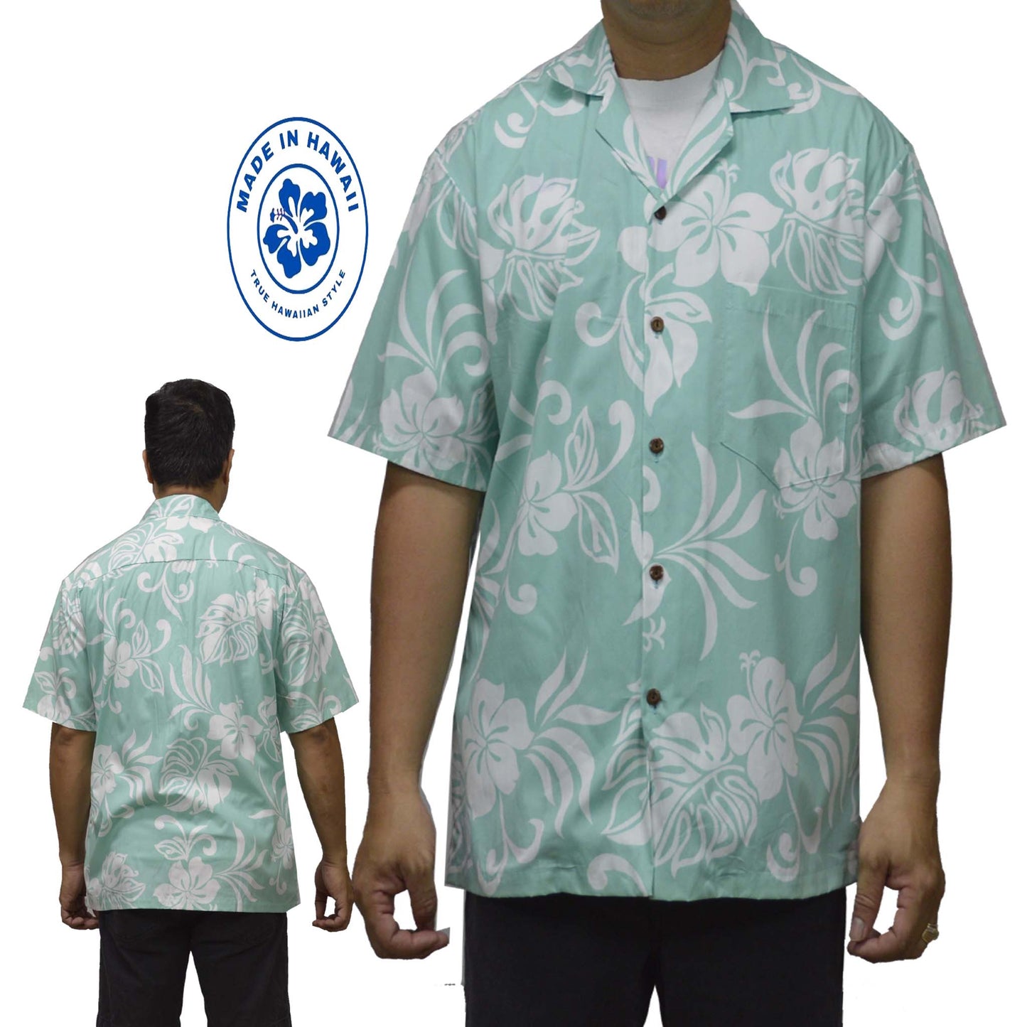 Ky`s Hawaiian Cotton Shirt Classic Hibiscus -Green