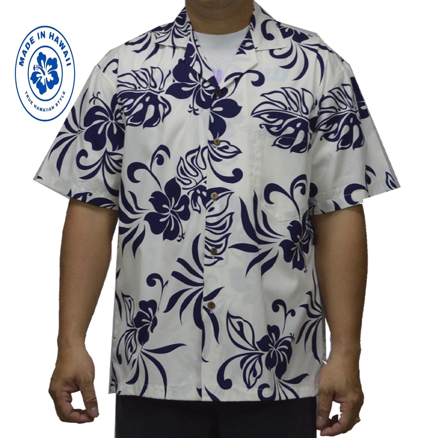 Ky`s Hawaiian Cotton Shirt Classic Hibiscus -Navy
