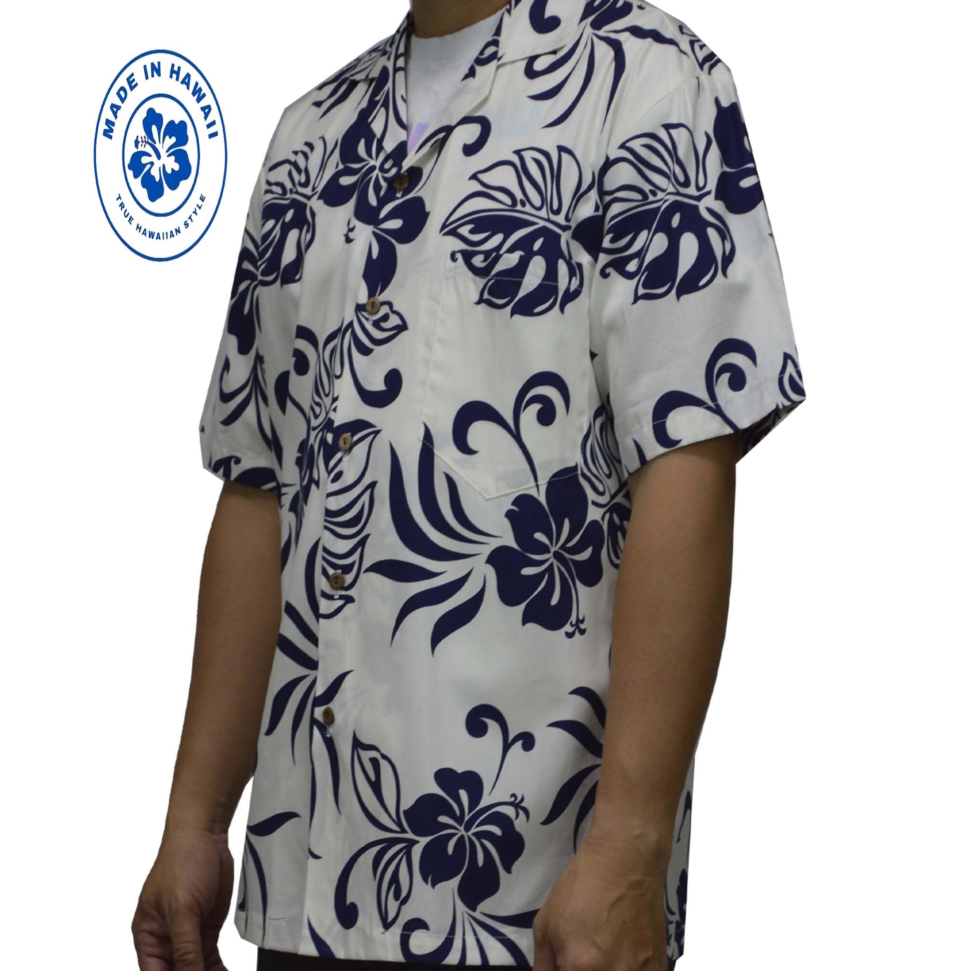 Plumeria & Hibiscus Navy Coral Cotton Men's Hawaiian Shirt — kyifi.com