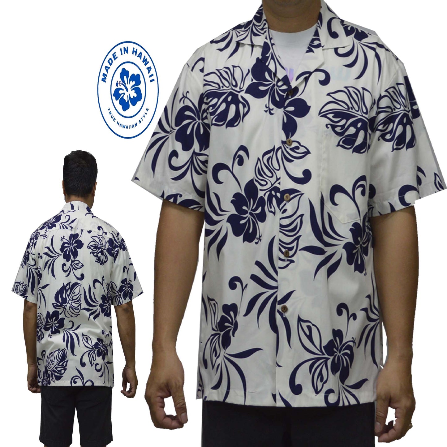 Ky`s Hawaiian Cotton Shirt Classic Hibiscus -Navy