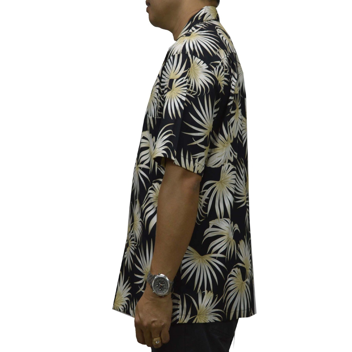 Ky`s Hawaiian Cotton Shirt Palm Leaf  -Black