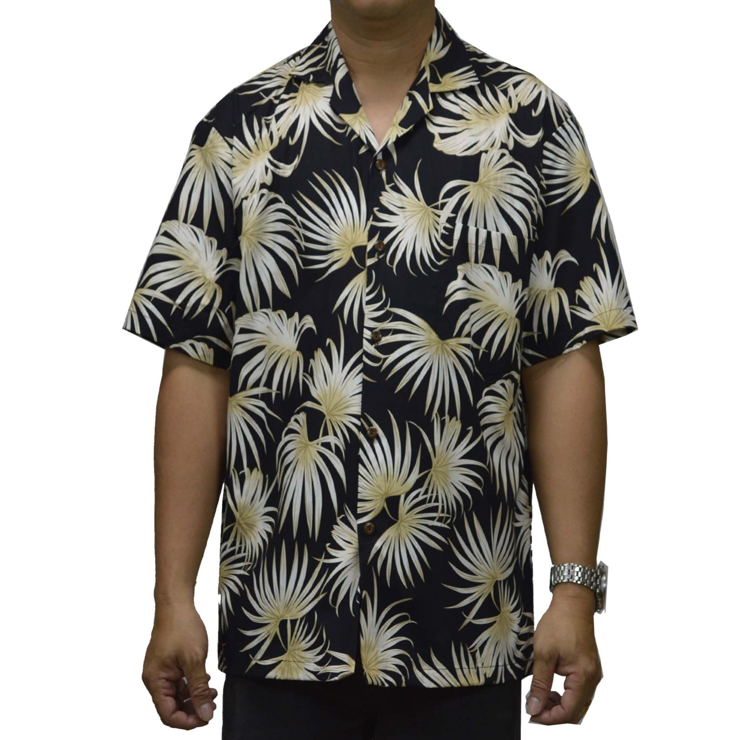Ky`s Hawaiian Cotton Shirt Palm Leaf  -Black