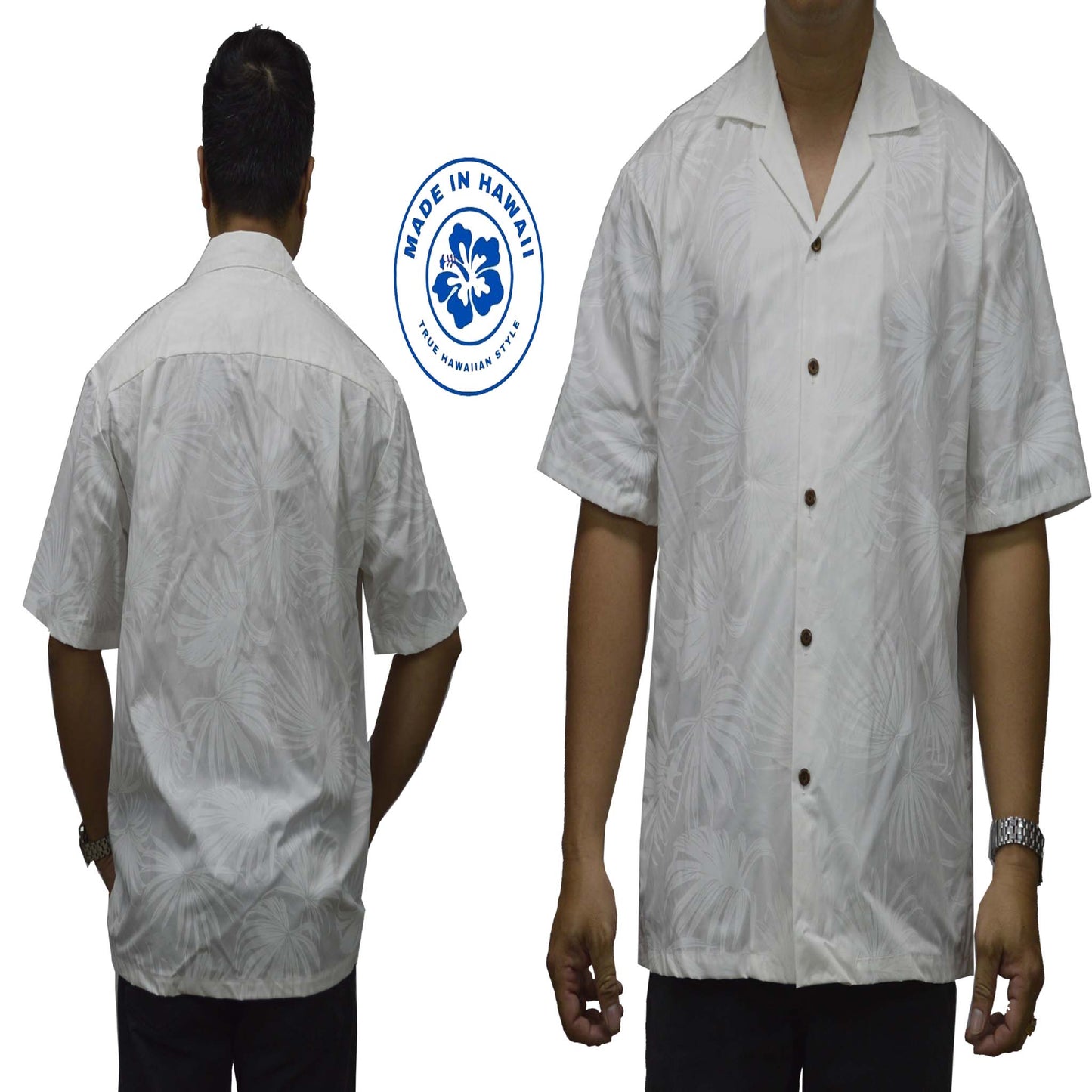 Ky`s Hawaiian Cotton Shirt Palm Leaf  -White