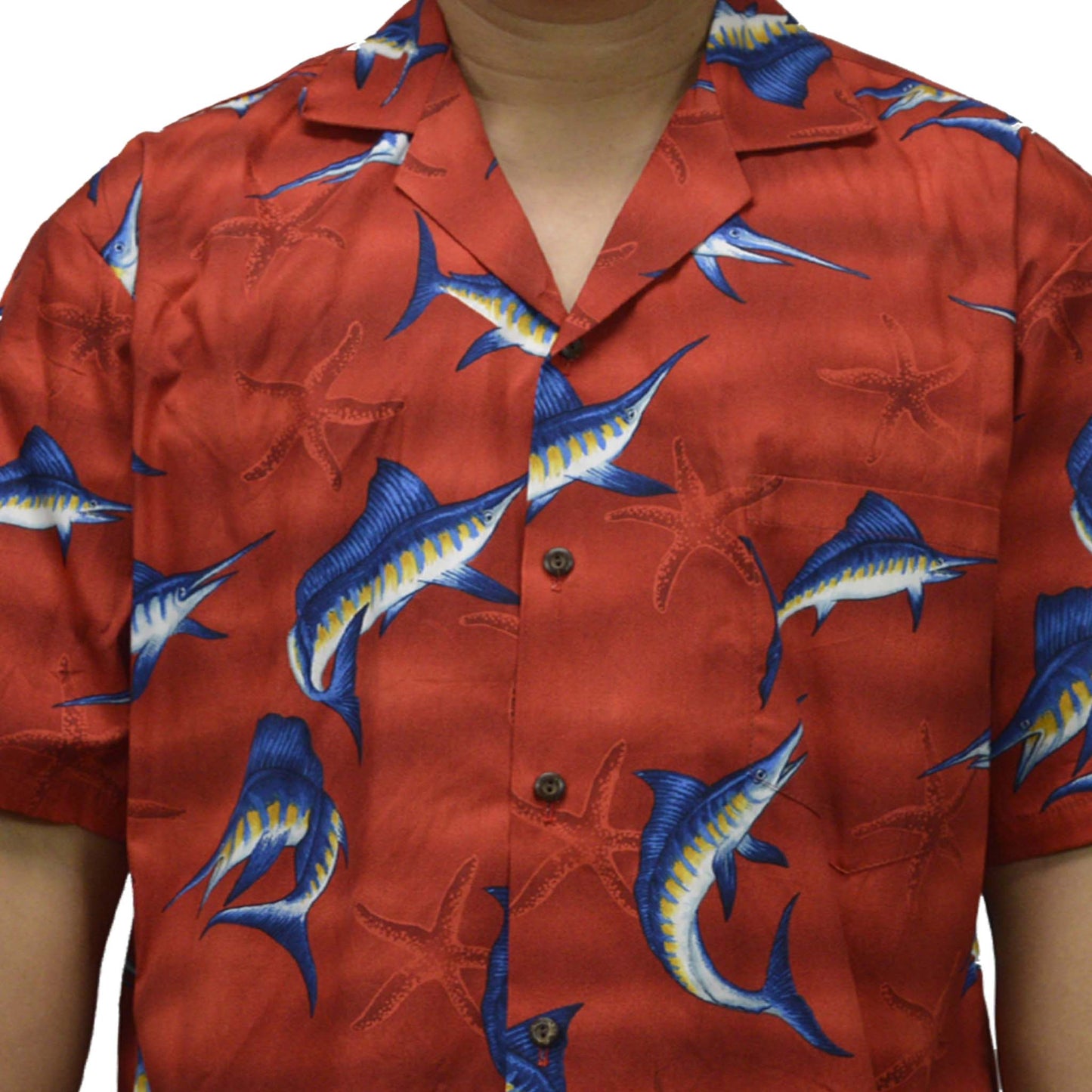 Ky`s Hawaiian Cotton Shirt Marlin Fish -Red