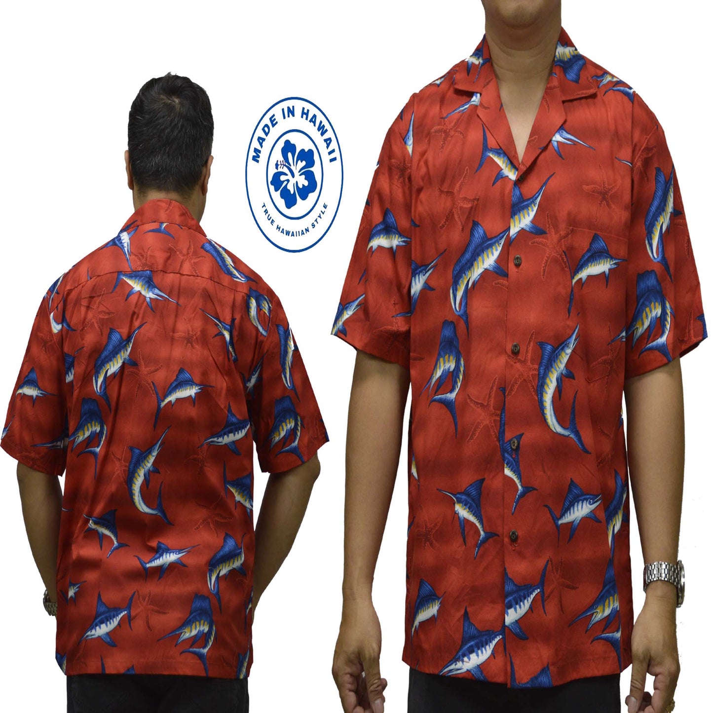 Ky`s Hawaiian Cotton Shirt Marlin Fish -Red