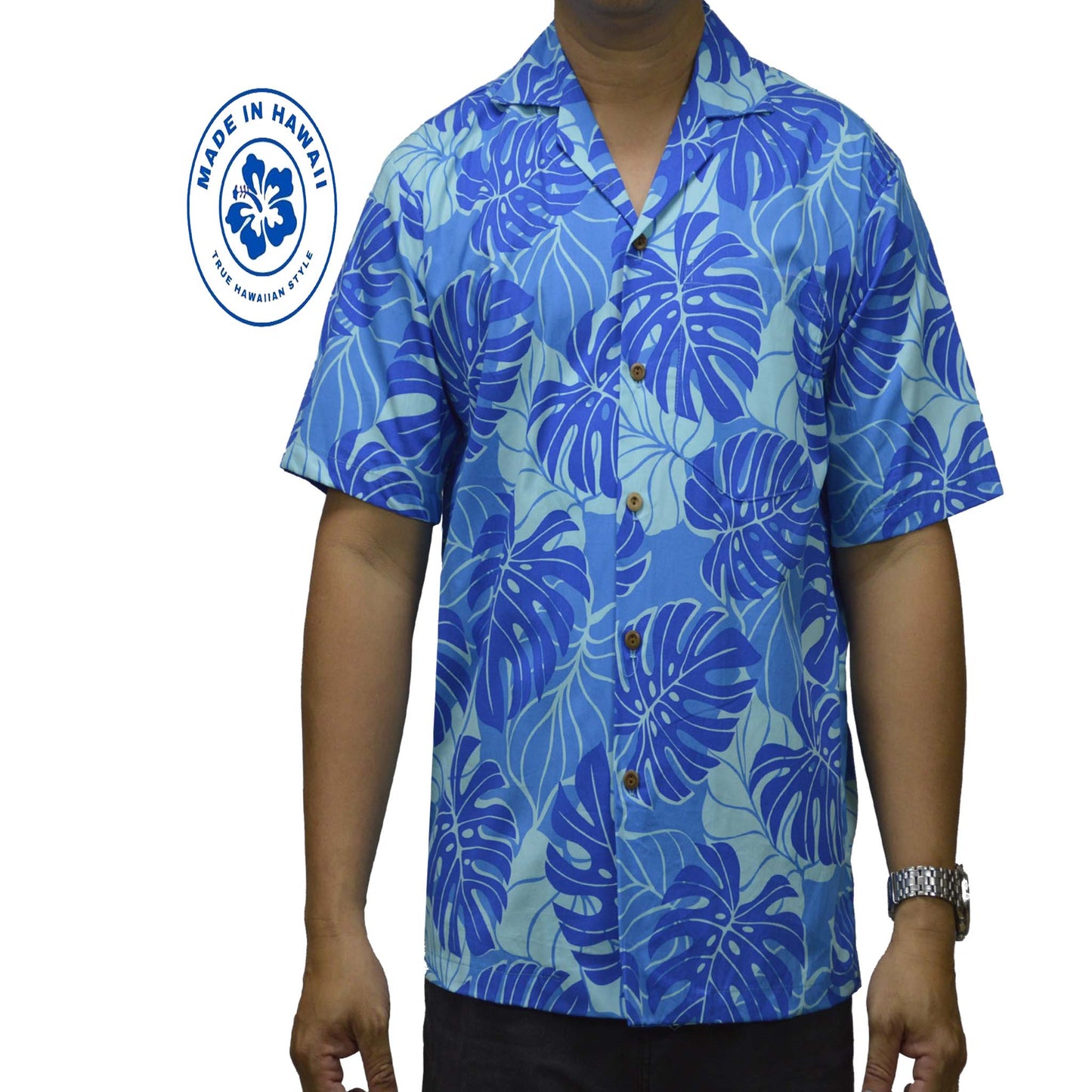 Cotton Hawaiian Shirt Monstera Deliciosa-Blue
