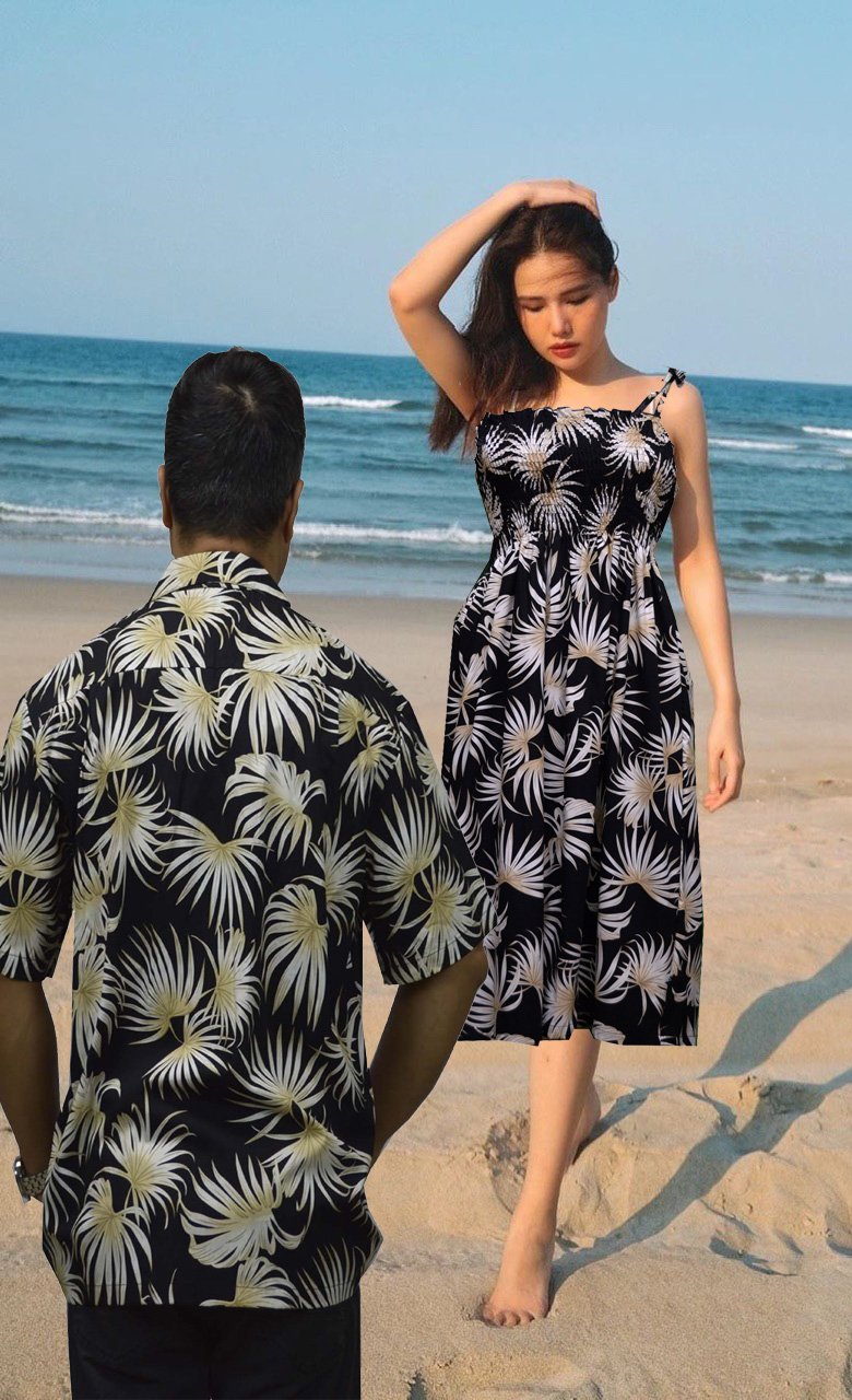 Couple Matching Set Shirt and Maxi Dress in Palm Print