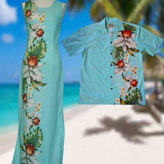 Made in Hawaii Hilo Orchids Side Floral Design Hawaiian Long Dress Matching Men's Shirt