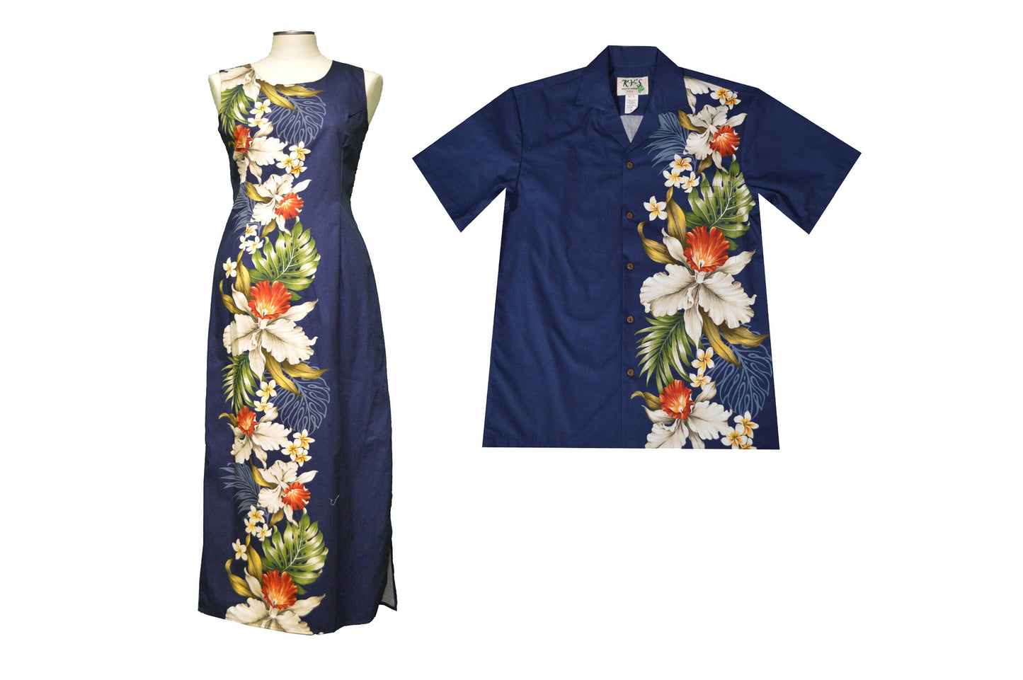 Made in Hawaii Hilo Orchids Side Floral Design Hawaiian Long Dress Matching Men's Shirt