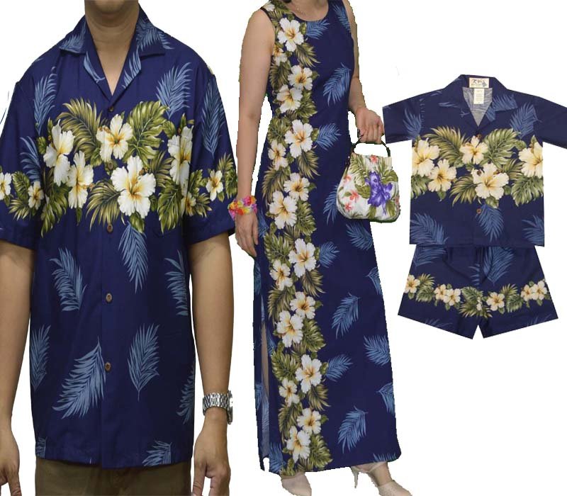 Hawaiian Family Matching Outfits  Hibiscus Border Pattern Design and Palm Leaf BackGround